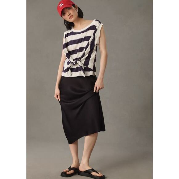 Anthropologie Maeve Tie Front Wrap Tee Shirt Size L Navy White Rugby Striped - Picture 14 of 14